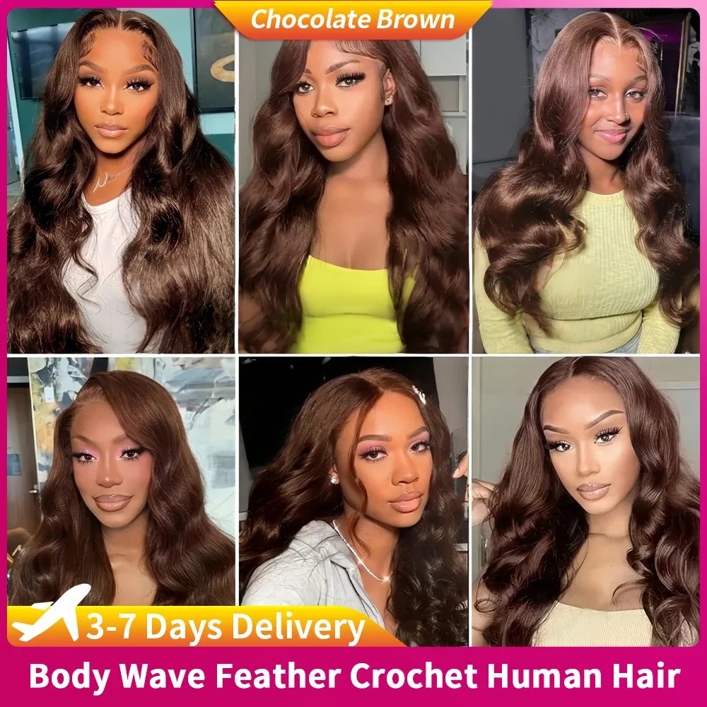 #4 Brown Highlight Human Crochet Hair With String Body Wave Invisible Pre Separated Knotless Crochet Hair Extensions For Braid