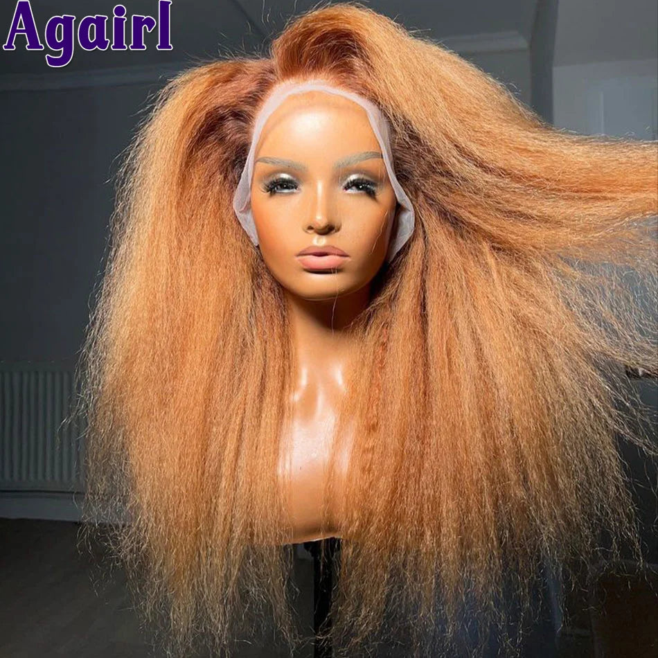 200% Orange Brown Yaki Kinky Straight Human Hair Wigs 13x4 13x6 Lace Frontal Wig Pre Plucked Ready To Go 6x4 Lace Wigs for Women