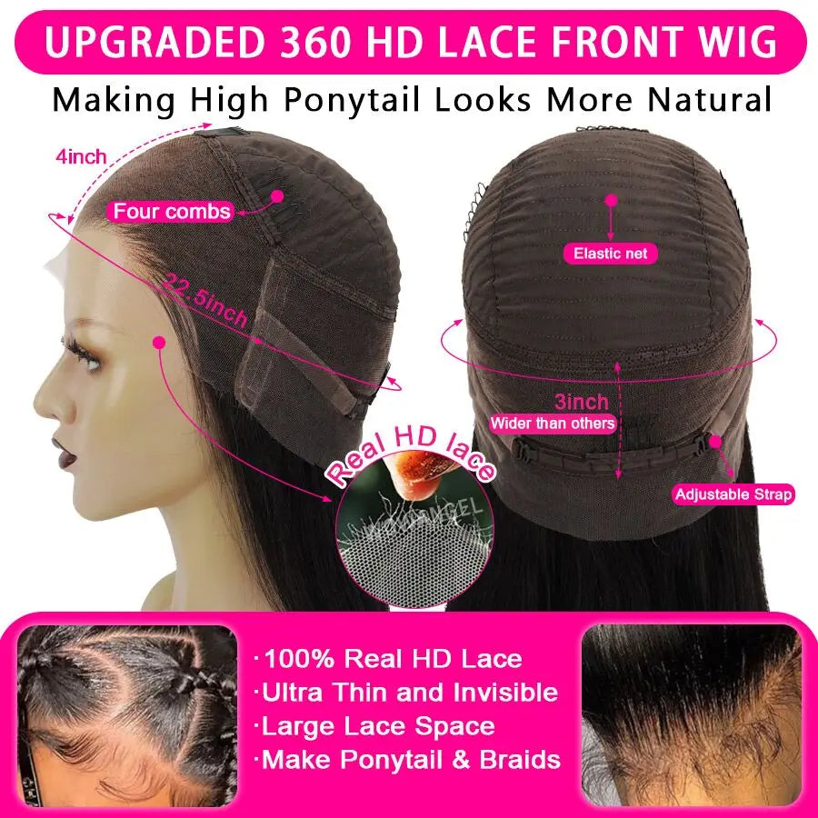 WowAngel 28in 360 HD Lace Front Wigs Straight Full Lace Human Hair Wigs Skins Melted Natural Scalp Remy Brazilian Hair For Women