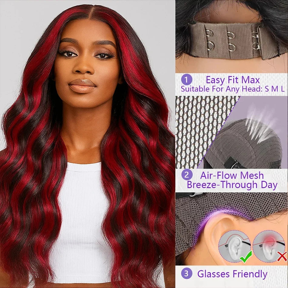 1B/99j Burgundy Highlight Lace Front Wig 30 Inch 5x5 Glueless Body Wave Wear And Go Wigs Brazilain Red Colored Human Hair Wigs