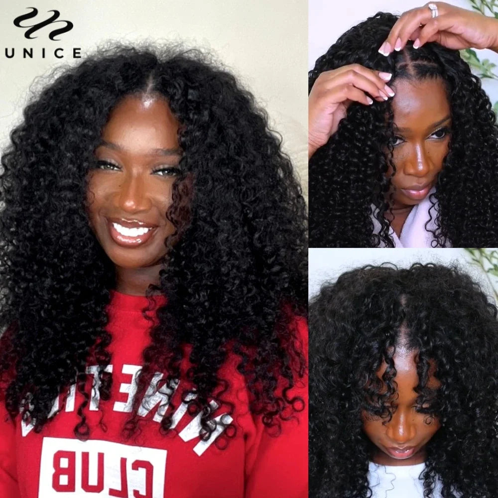 UNice Burmese Curly V Part Wig With Drawstring Clip-In Human Hair Wigs 180% Density No Glue Minimal Leave-out