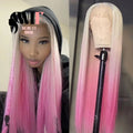 WIF Platinum Pink Ombre Hair Synthetic Wig Long Straight Heat Fiber Two Tones Colorful Lace Front Wigs Women Cosplay Party Use