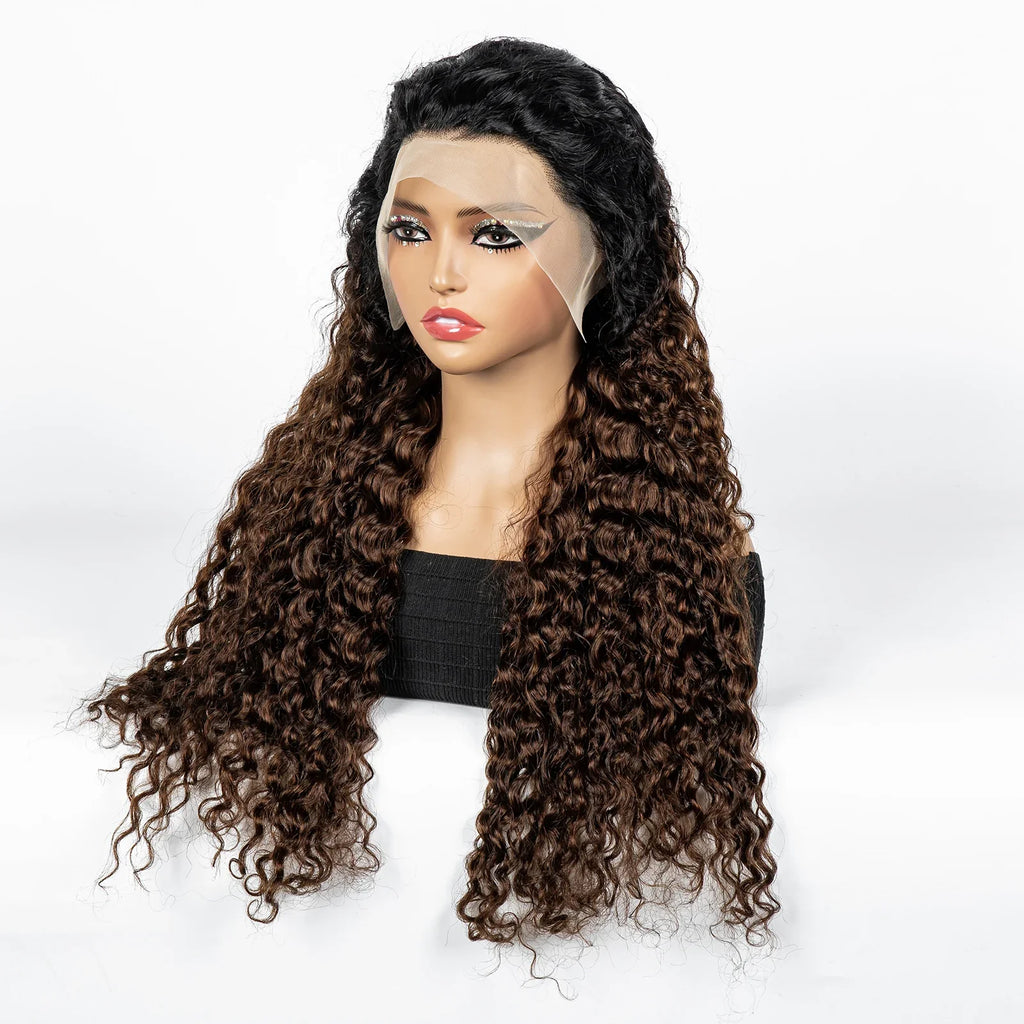 300% Density Ombre 30 Inches Water Wave Wavy Curly Human Hair Wigs 13x4 Transparent Lace Frontal Human Hair Wig for Women