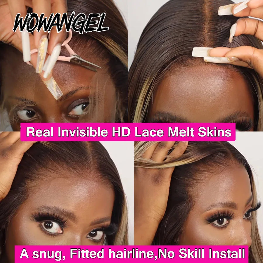 Wow Angel 13X6 HD Lace Frontal Human Hair Wigs 250% Highlight Body Wave Wigs Full Lace Wigs Melt Skins Ombre Colored Wigs