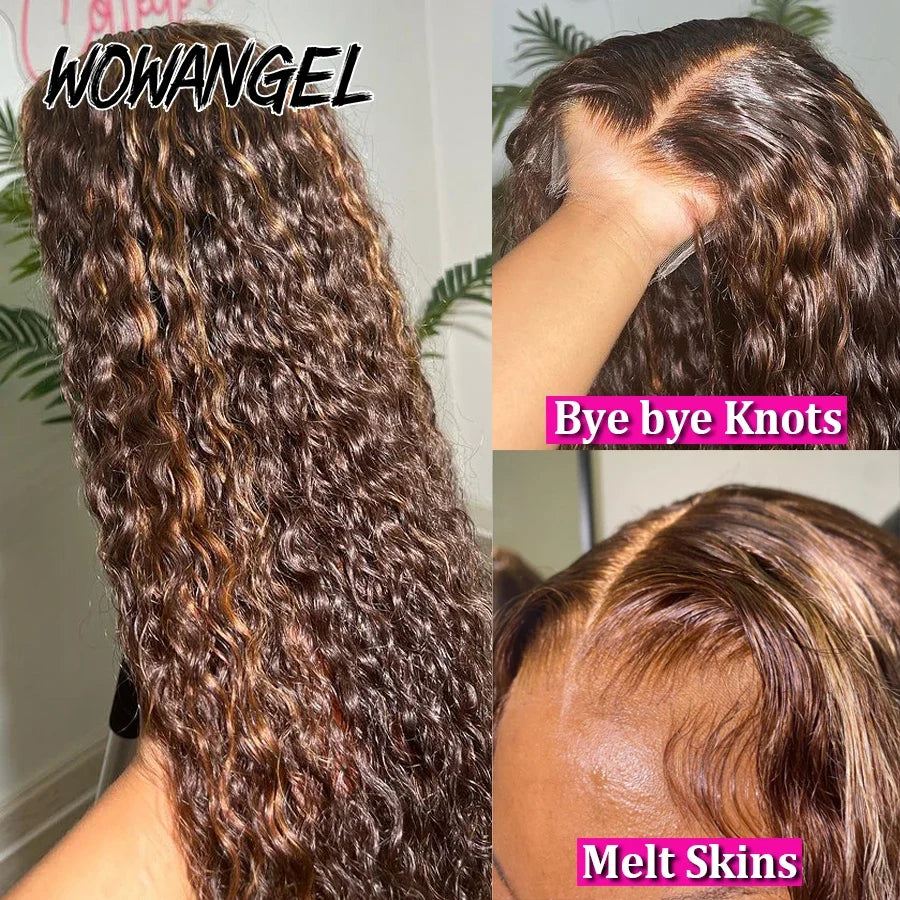WOWANGEL 13X6 HD Lace Front Wigs Highlight Curly Wigs Bye Bye Knots 13x4 Lace Frontal Human Hair Wigs Water Wave Wigs For Woman