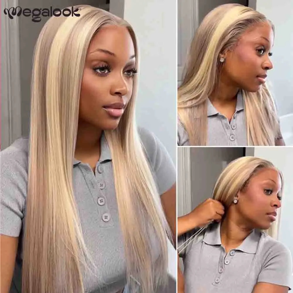 Megalook 13x6 Three-Go Blonde Highlight Glueless Wigs Silky Straight With Drawstring 100% Human Hair Wig
