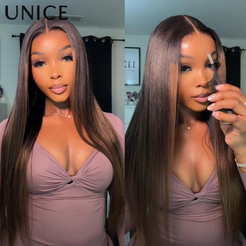 UNice 7x5 Bye Bye Slip Black to Chestnut Brown Ombre Yaki Straight Human Hair Wigs With Invisi Drawstring