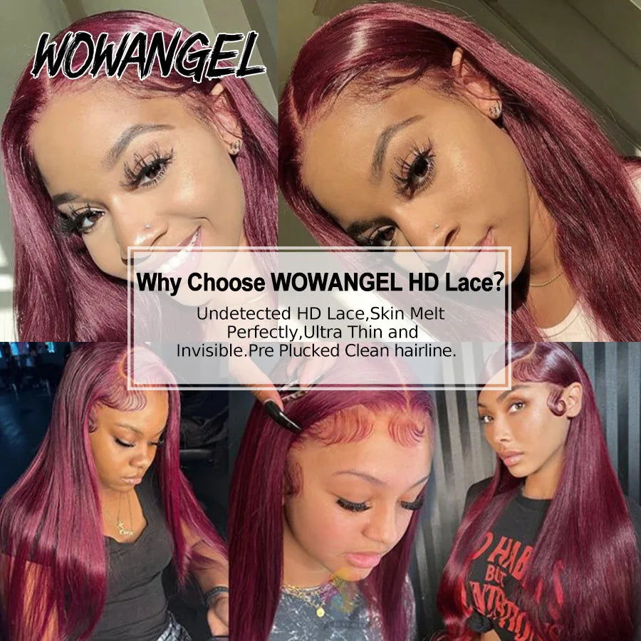 Pre Cut Lace Wig 99J Burgundy 13x6 HD Lace Frontal Human Hair Wig 30inch Straight Wigs Melt Skins 250% Red Colored Wig For Woman