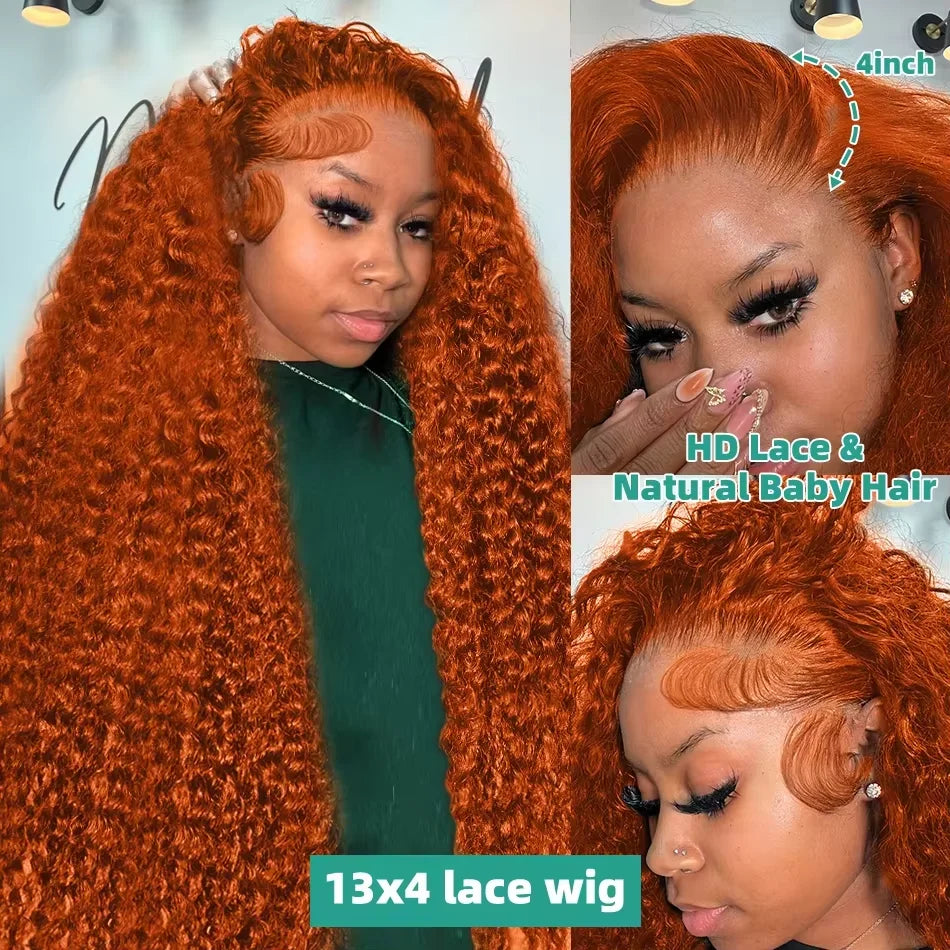 30 Inch Ginger Orange Water Wave 13x4 HD Lace Frontal Wig Human Hair Deep Wave 350 Colored HD Brazilian Lace Front Wig For Women