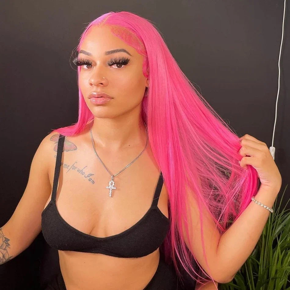 Pink Straight Lace Front Wig Human Hair 13x4 HD Lace Frontal Human Hair Wig Glueless Transparent Brazilian Pink Hair Colored Wig
