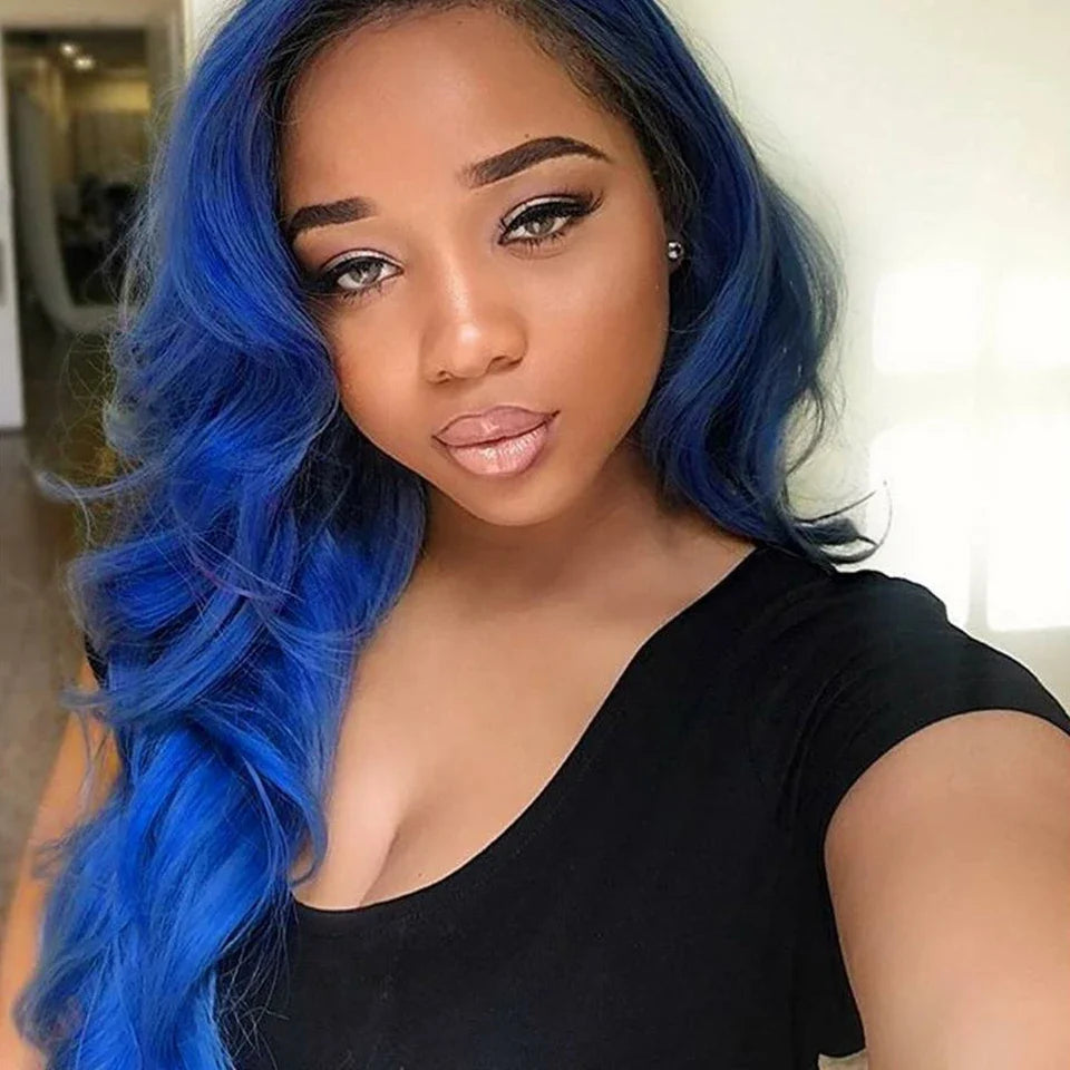 Ombre Blue Bundles With Frontal Pre Plucked Brazilian Body Wave 1B Blue Color Human Hair Weave 3 Bundles With 13x4 Lace Frontal