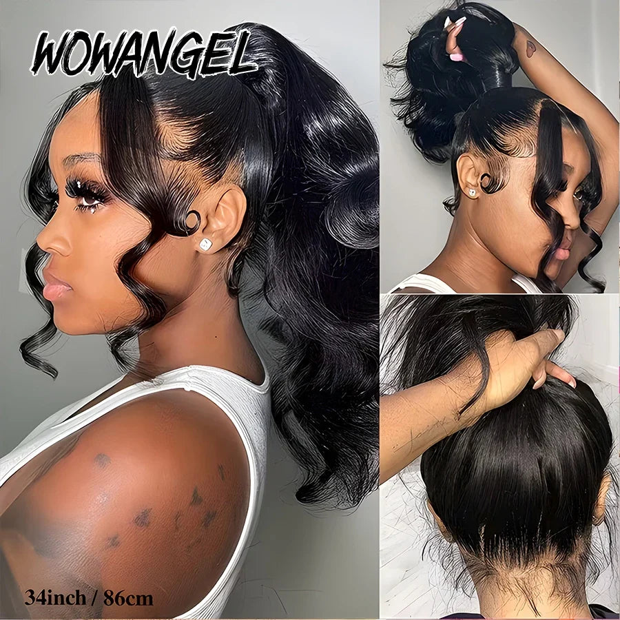 WOWANGEL Hidden Strap 360 Full Lace Frontal Wig Glueless Pre Everything Body Wave Lace Front Human Hair Wigs Invisi Drawstring