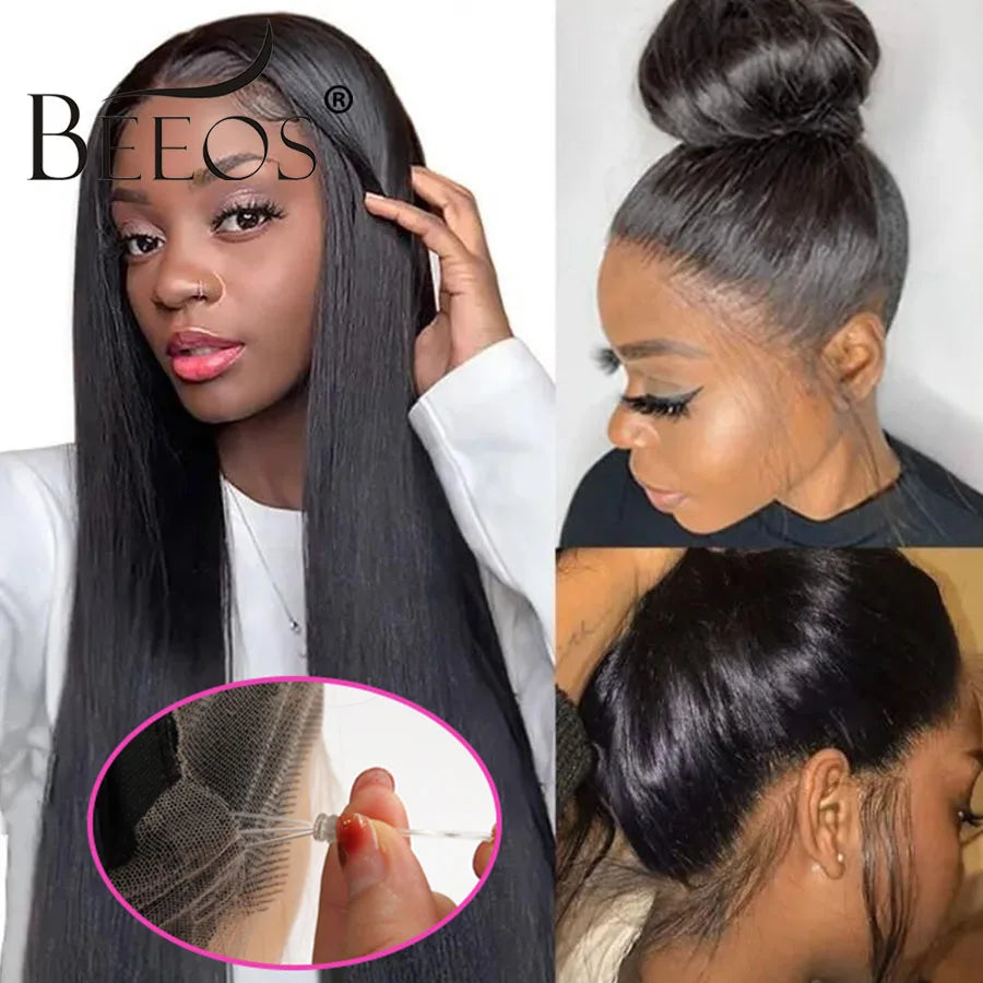 Yaki Straight Invisi-Drawstring 360 HD Lace Frontal Human Hair Wigs Glueless Lace Front Wig 250% Density Natural Color 32 Inches