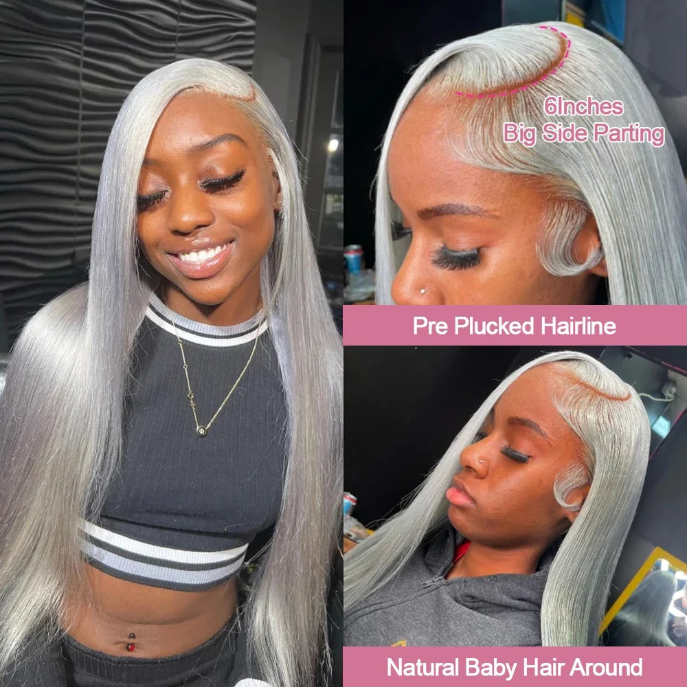 Silver Grey Straight Wigs Human Hair Vietnamese 220% Density 13x6 HD Lace Frontal Colored Wig 38 Pre Plucked With Baby Hairline