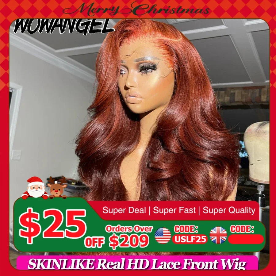 250% Pre Cut HD Lace Frontal Wigs Reddish Brown Body Wave 13X6 HD Transparent Lace Front Human Hair Wigs Copper Red Colored
