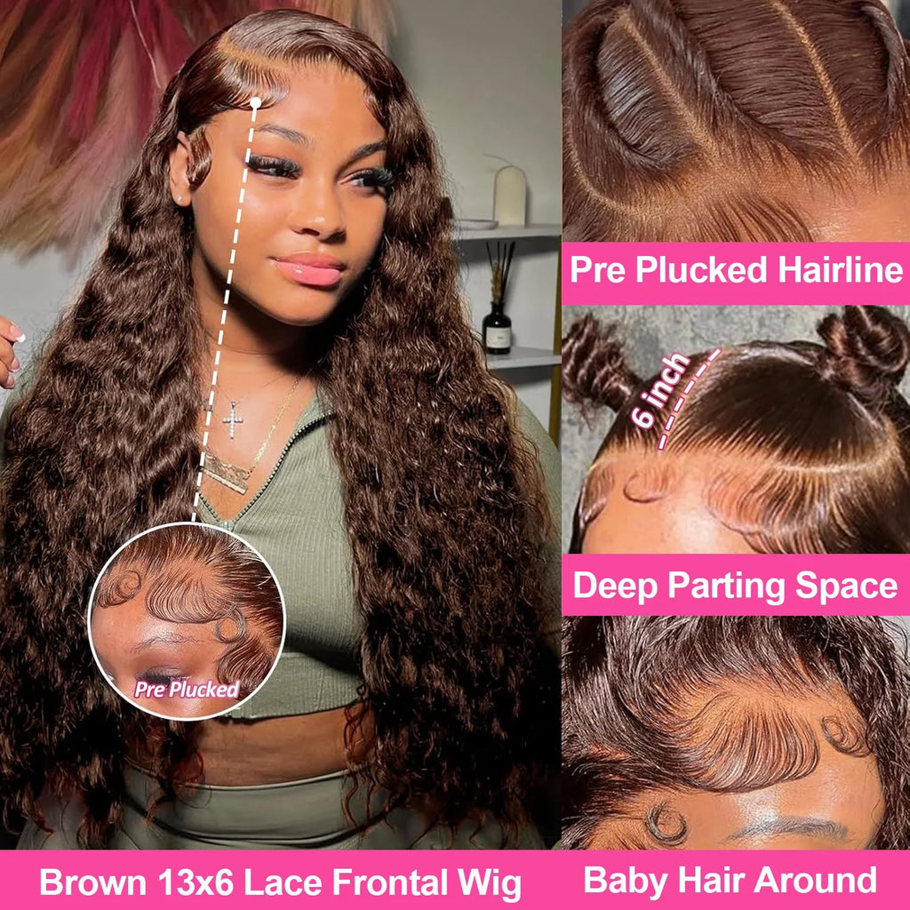 13x4 Chocolate Brown Water Curly Lace Front Wig #4 Colored Human Hair Wigs Pre Plucked Deep Wave 13x6 HD Lace Frontal Wigs 200%