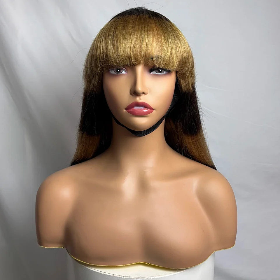 Leopard print Bone Straight Wig With Bangs Dark and Blond Human Hair Wigs For Women Full Machine Made Fringe Glueless Wig