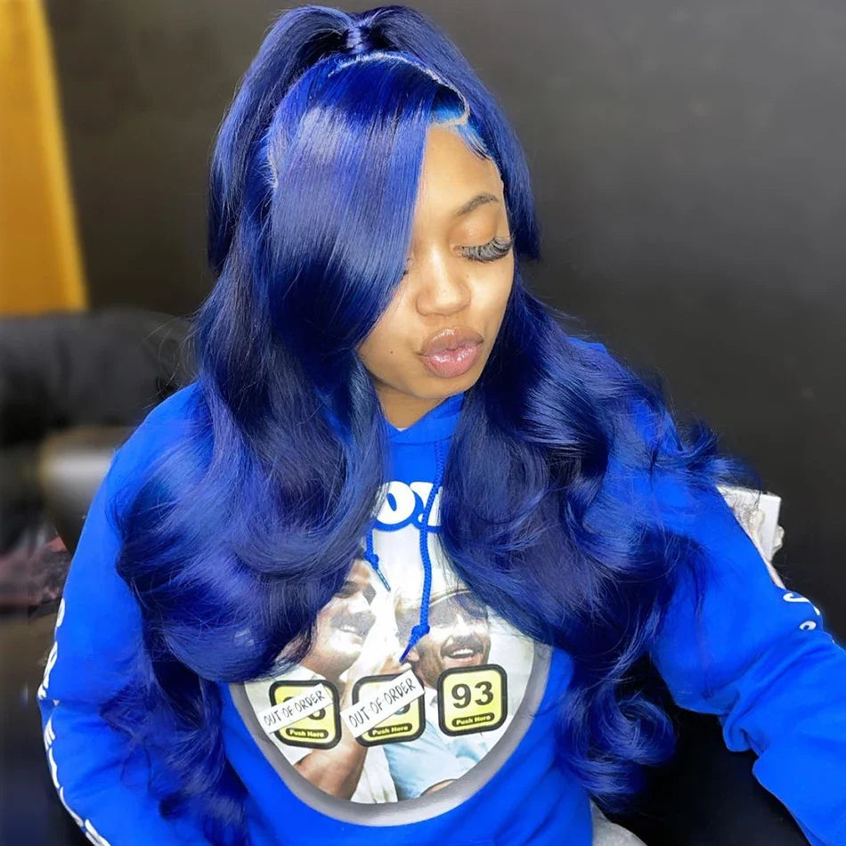 Sapphire Blue Lace Front Wig Body Wave Human Hair Wigs Dark Blue Color Transparent Pre Plucked Lace Frontal Wigs For Black Women