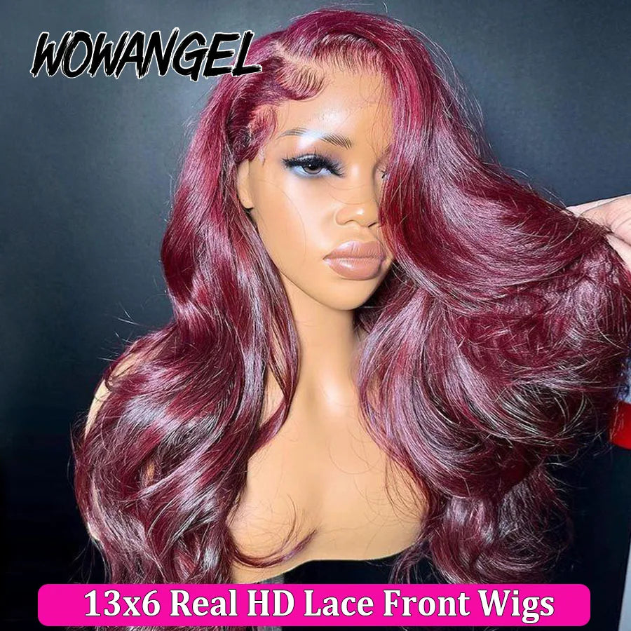 250% 99J Burgundy Colored Wigs 13x6 HD lace Frontal Human Hair Wig Body Wave Red Wigs Pre Cut HD Lace Glueless Wig Melt Skins