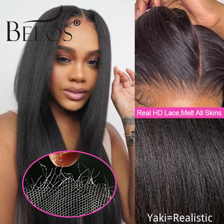 Yaki Straight Invisi-Drawstring 360 HD Lace Frontal Human Hair Wigs Glueless Lace Front Wig 250% Density Natural Color 32 Inches