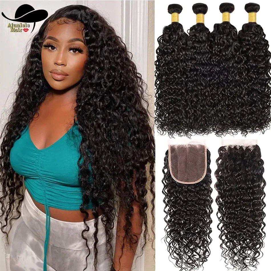 Water Wave Bundles With 4x4 Lace Closure Burmese Virgin Human Hair Water Curly Bundles With Closure Human Hair Weave Extension