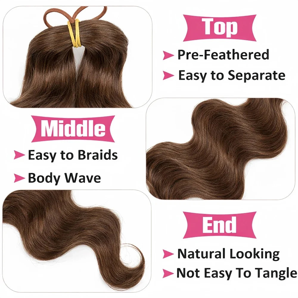 #4 Brown Highlight Human Crochet Hair With String Body Wave Invisible Pre Separated Knotless Crochet Hair Extensions For Braid