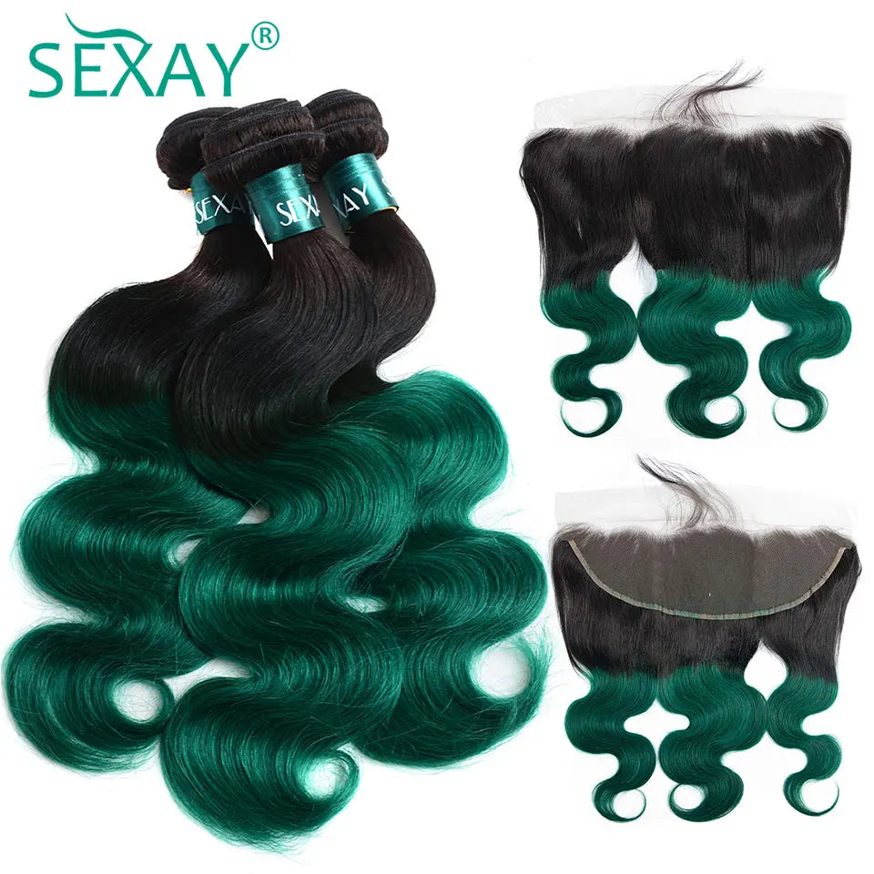 Ombre Blue Bundles With Frontal Pre Plucked Brazilian Body Wave 1B Blue Color Human Hair Weave 3 Bundles With 13x4 Lace Frontal