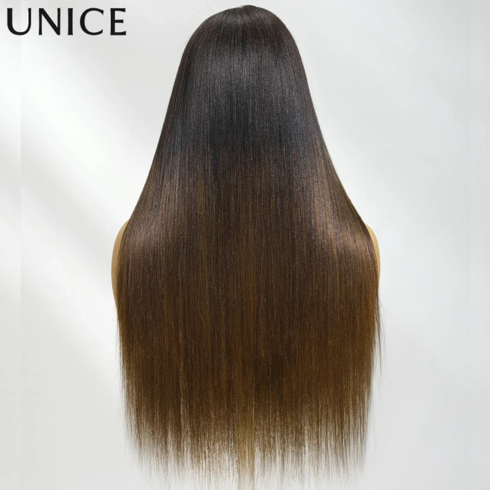 UNice 7x5 Bye Bye Slip Black to Chestnut Brown Ombre Yaki Straight Human Hair Wigs With Invisi Drawstring