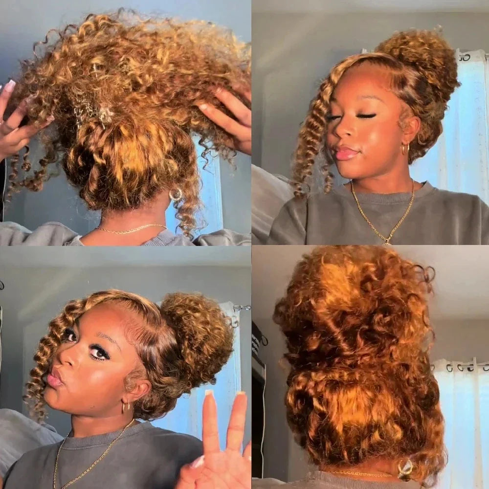 Highlight Invisible Strap HD 360 Full Lace Wig Drawstring Human Hair Wigs P4/27 360 Lace Front Wig Deep Curly Glueless Wig