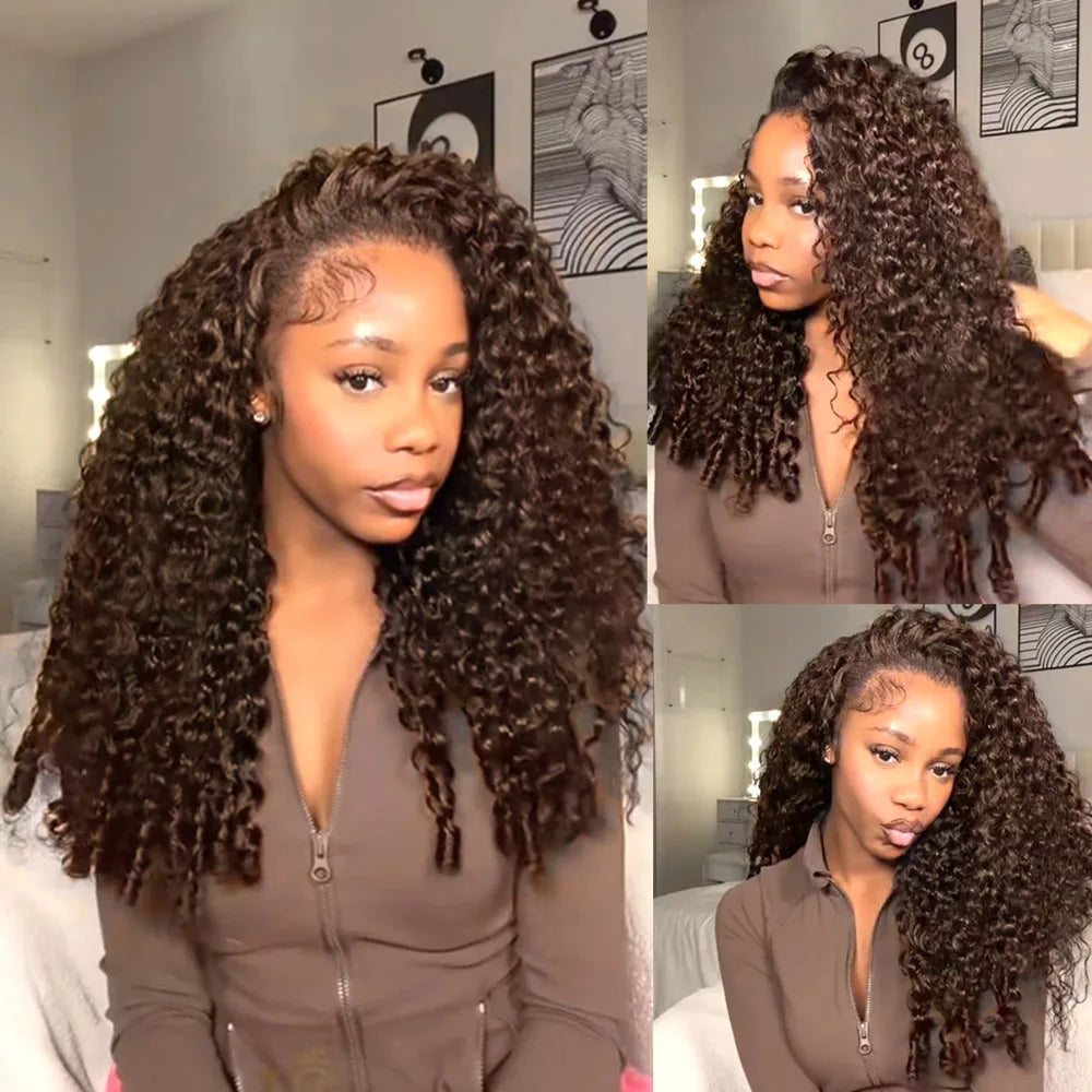 Chocolate Brown Burmese Curly Hair Half Glueless Wigs With Drawstring Human Hair 3 IN 1 Half Wigs Flip Over Deep Curly Half Wigs