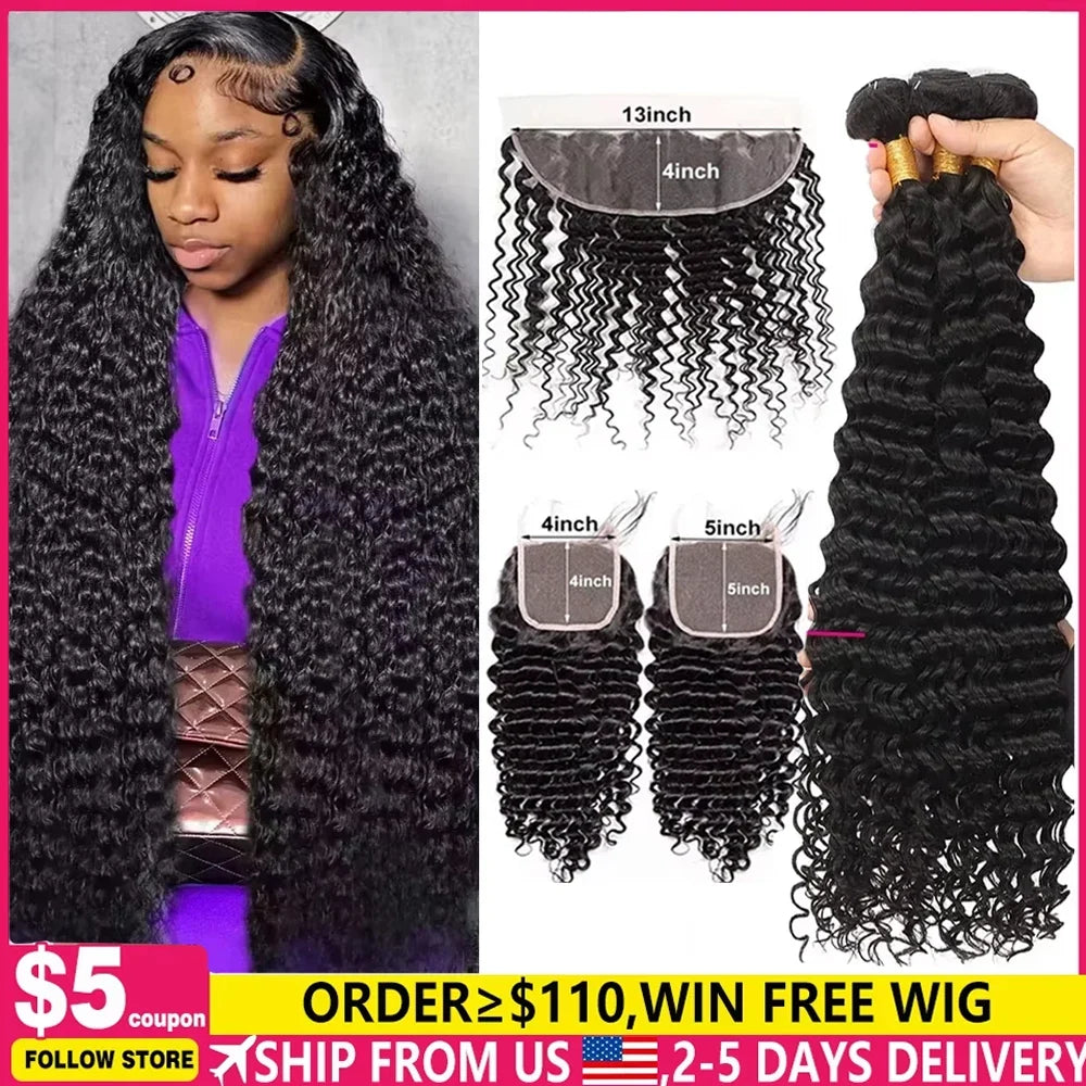 Human Hair Bundles With Closure Burmese Deep Wave Raw 3 4 Bundles With 4x4 5x5 HD Lace Closure Curly Weave With 13x4 Frontal