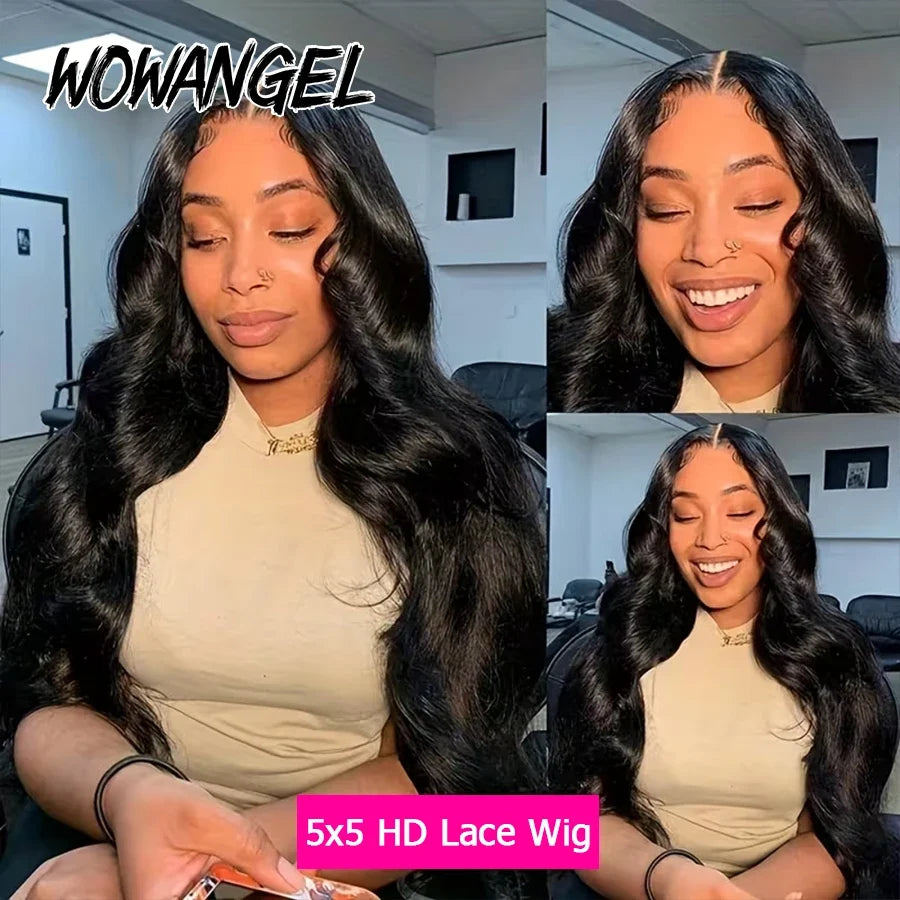 Wow Angel Glueless 250% Real HD Lace Closure Wigs 5X5 HD Closure Wig Wear & Go Body Wave Pre Plucked Human Hair Wigs For Women