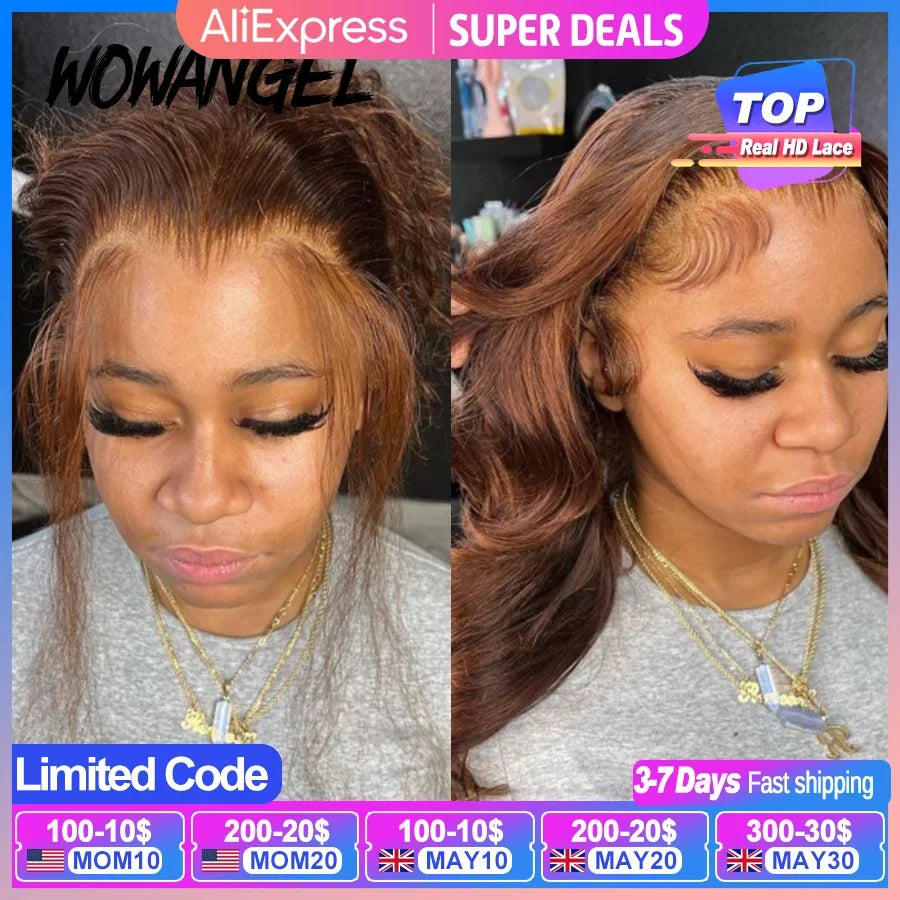 34inch 13x6 HD Lace Front Wig Chocolate Brown Colored HD Lace Frontal Body Wave Human Hair Wig Melt Skins Glueless Natural Scalp