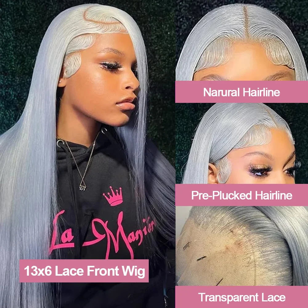 Silver Grey Straight Wigs Human Hair Vietnamese 220% Density 13x6 HD Lace Frontal Colored Wig 38 Pre Plucked With Baby Hairline