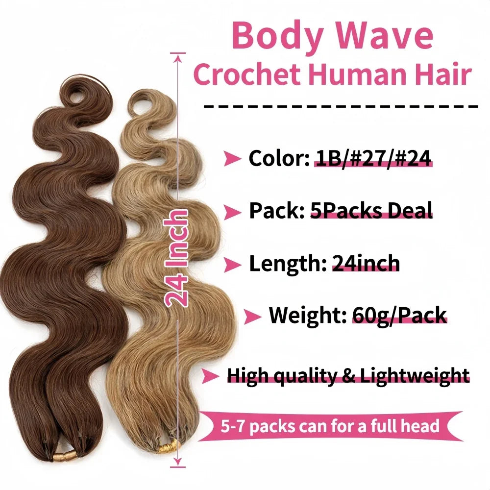 #4 Brown Highlight Human Crochet Hair With String Body Wave Invisible Pre Separated Knotless Crochet Hair Extensions For Braid