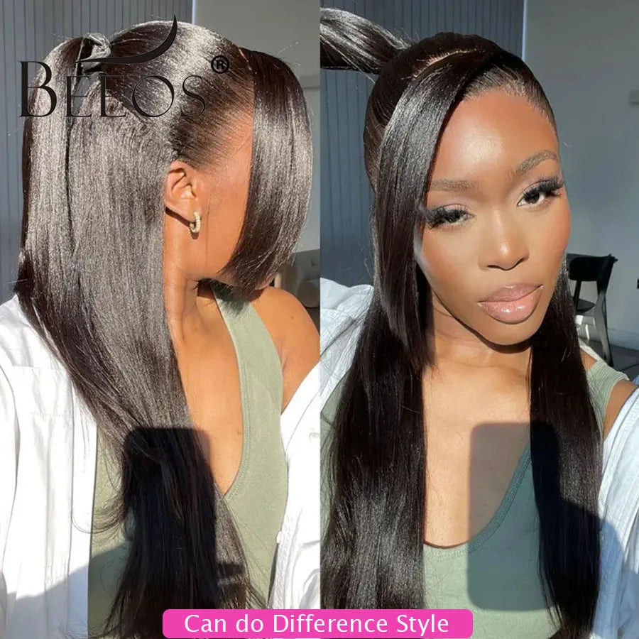 Yaki Straight Invisi-Drawstring 360 HD Lace Frontal Human Hair Wigs Glueless Lace Front Wig 250% Density Natural Color 32 Inches