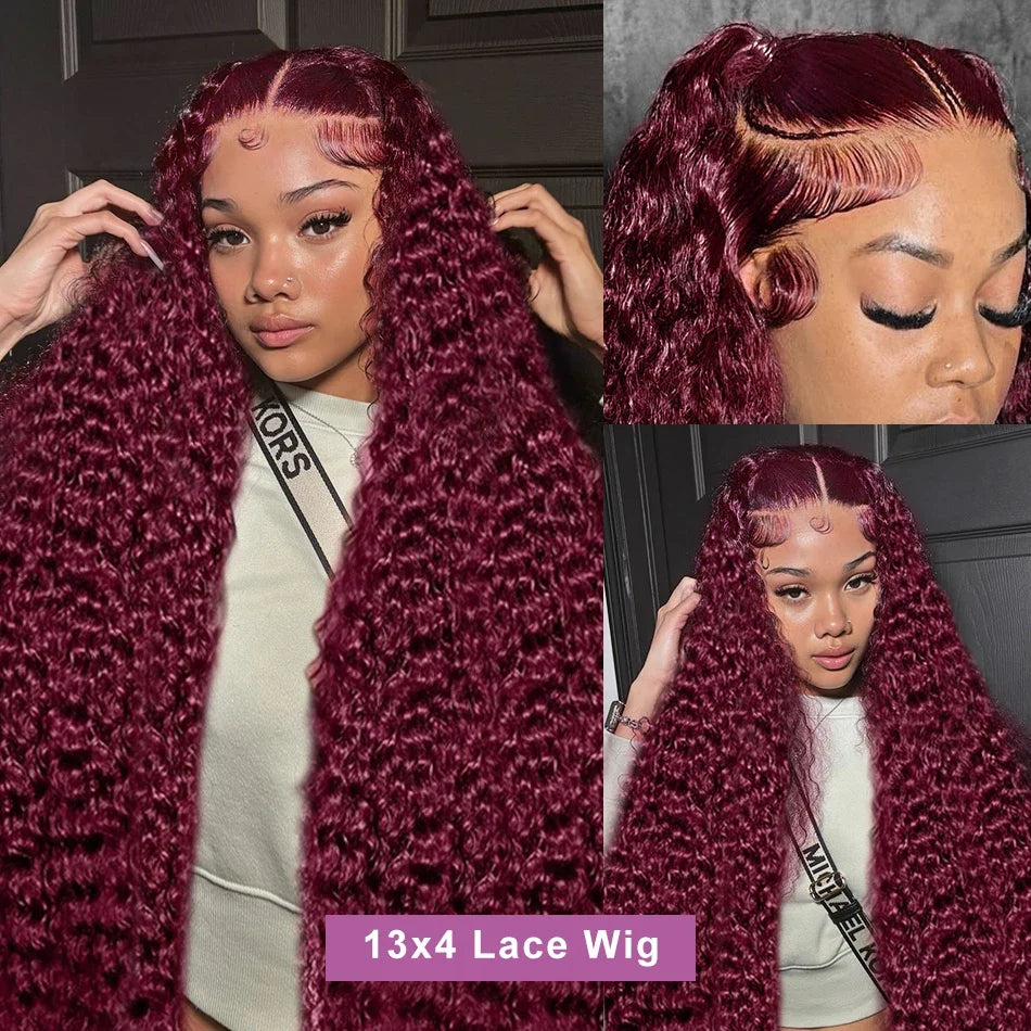 Links 40 Inch 99J Burgundy Deep Wave 13x6 HD Lace Front Wig 250% Red Colored Curly 13x4 Lace Frontal Human Hair Wigs For Women