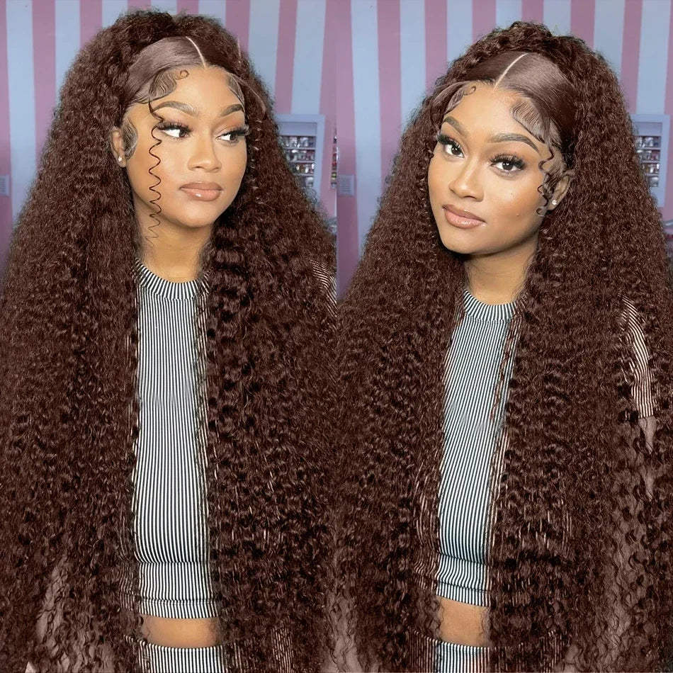 13x4 Chocolate Brown Water Curly Lace Front Wig #4 Colored Human Hair Wigs Pre Plucked Deep Wave 13x6 HD Lace Frontal Wigs 200%