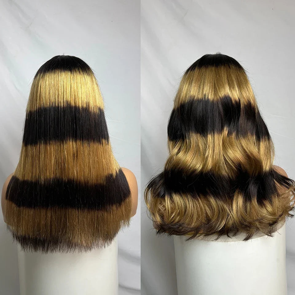 Leopard print Bone Straight Wig With Bangs Dark and Blond Human Hair Wigs For Women Full Machine Made Fringe Glueless Wig