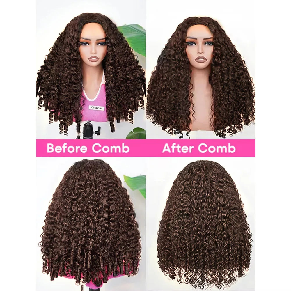 Chocolate Brown Burmese Curly Hair Half Glueless Wigs With Drawstring Human Hair 3 IN 1 Half Wigs Flip Over Deep Curly Half Wigs