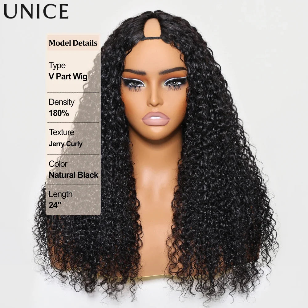 UNice Burmese Curly V Part Wig With Drawstring Clip-In Human Hair Wigs 180% Density No Glue Minimal Leave-out