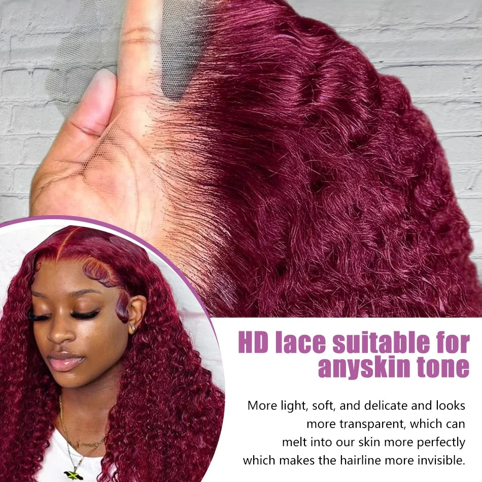 Links 40 Inch 99J Burgundy Deep Wave 13x6 HD Lace Front Wig 250% Red Colored Curly 13x4 Lace Frontal Human Hair Wigs For Women