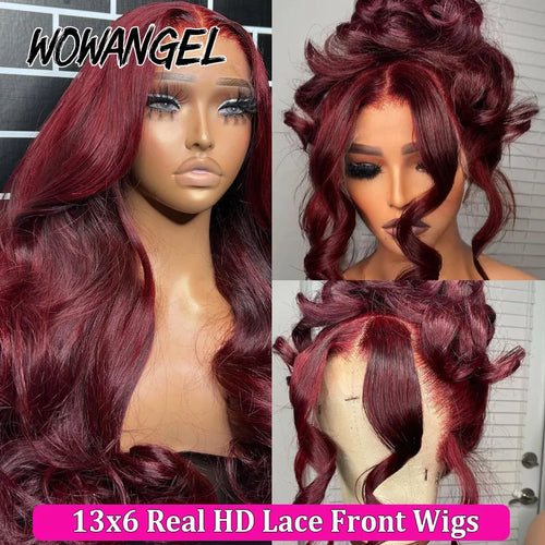 250% 99J Burgundy Colored Wigs 13x6 HD lace Frontal Human Hair Wig Body Wave Red Wigs Pre Cut HD Lace Glueless Wig Melt Skins