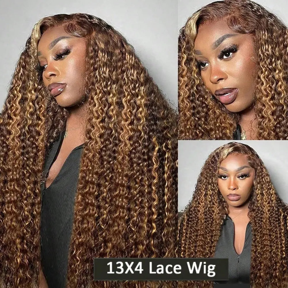 34 Inch 250 Density 13x4 Lace Front Brazilian Human Hair Wig Deep Wave Curly Highlight 4/27 Blonde Brown Natural Look For Women