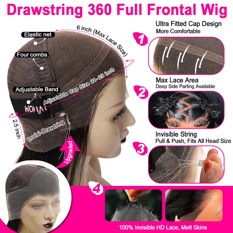 WOWANGEL Hidden Strap 360 Full Lace Frontal Wig Glueless Pre Everything Body Wave Lace Front Human Hair Wigs Invisi Drawstring