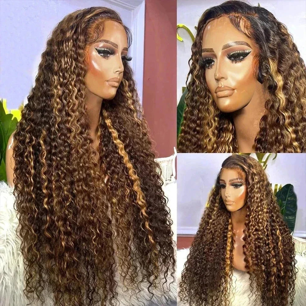 Highlight Invisible Strap HD 360 Full Lace Wig Drawstring Human Hair Wigs P4/27 360 Lace Front Wig Deep Curly Glueless Wig