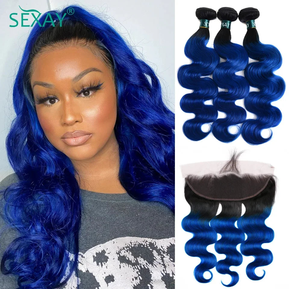Ombre Blue Bundles With Frontal Pre Plucked Brazilian Body Wave 1B Blue Color Human Hair Weave 3 Bundles With 13x4 Lace Frontal