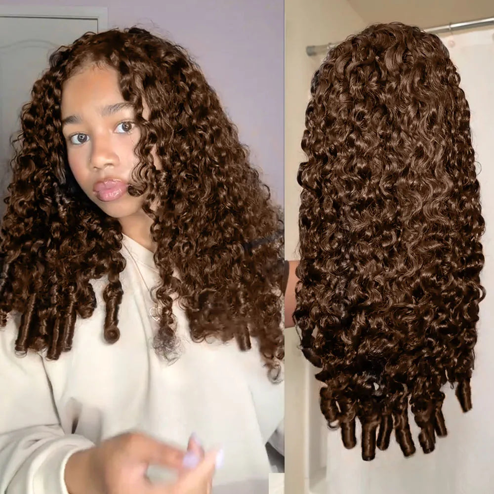 Chocolate Brown Burmese Curly Hair Half Glueless Wigs With Drawstring Human Hair 3 IN 1 Half Wigs Flip Over Deep Curly Half Wigs