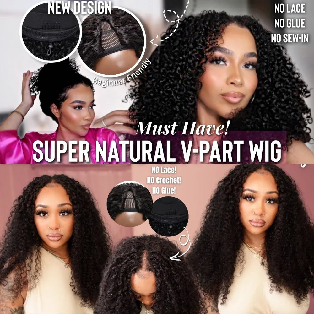 UNice Burmese Curly V Part Wig With Drawstring Clip-In Human Hair Wigs 180% Density No Glue Minimal Leave-out