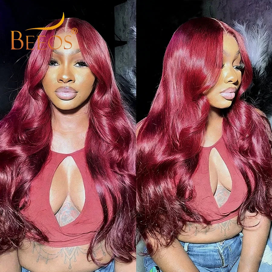 BEEOS Pre Cut 99j Red Glueless Wig Human Hair Ready To Wear Pre plucked Body Wave 36in 5x5 Lace Closure Pre Everything Burgundy